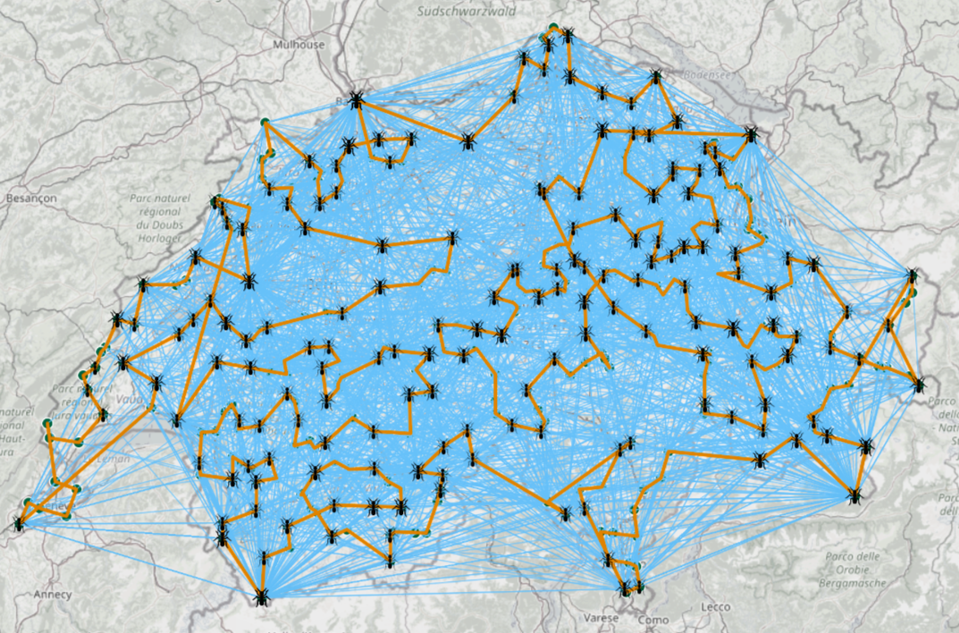 Map showing all 359 Swiss trailheads and the best route found after 100 iterations